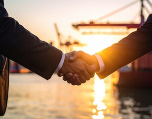 Businessmen shaking hands at harbor with container cranes at sunset