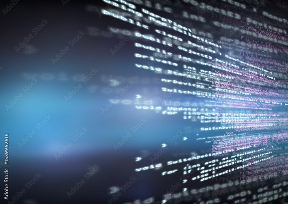 Poster white and purple code streams are floating across blurred blue gradient background in flat design