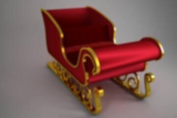 Red sleigh with gold trim is sitting on grey background in 3D render with scrollwork runners