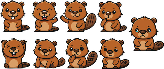 vector illustration of beaver otter cute simple funny cartoon mascot character cartoon with 9 poses 
