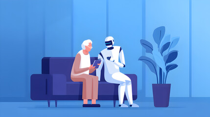 An elderly woman and a robot sit on a couch, interacting closely in a calm, modern room with a large potted plant nearby.