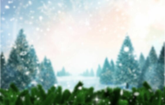 Fototapeta Snowy evergreen forest is showing frosted fir branches, snowflakes and frozen lake, flat design