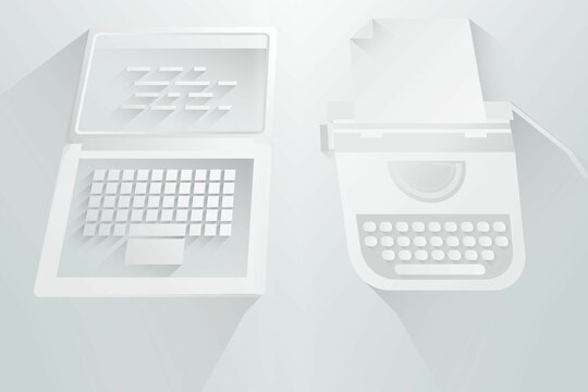 Fototapeta Showing two writing tools in minimalist flat design, with open grid laptop and vintage typewriter