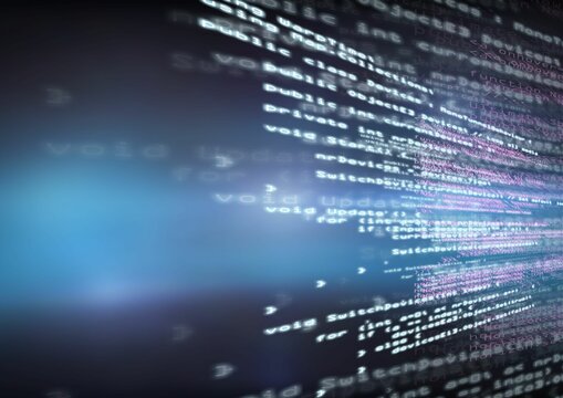 White and purple code streams are floating across blurred blue gradient background in flat design