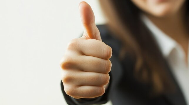Close-up of a smiling businesswoman in a dark suit giving a thumbs up gesture.