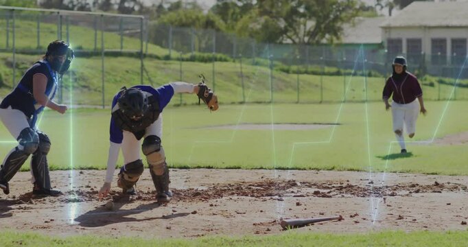 Catcher squatting softball field tracking throw, scooping ball to tag runner with pulsing overlay