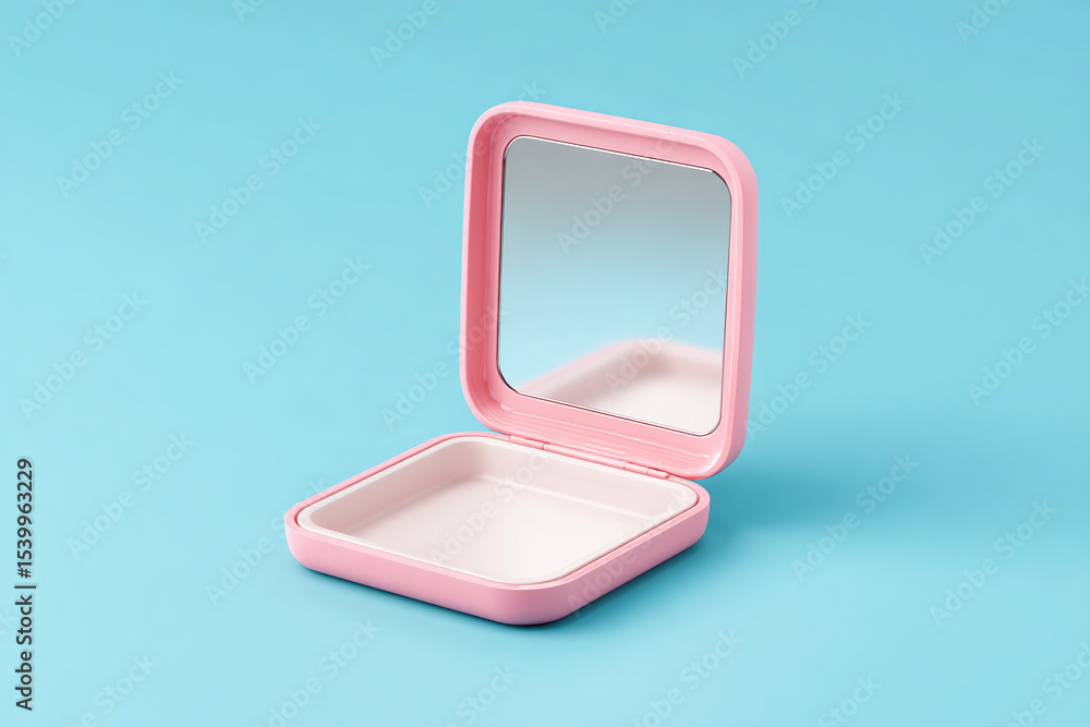 Poster Pink compact mirror. The mirror is open, revealing the reflective surface and the empty space for storing materials or cosmetic products.