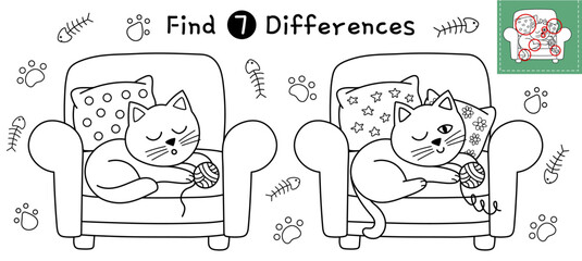 Find 7 differences activity page for kids. Funny sleeping cat maze game for school and preschool. Coloring page and puzzle for children. Vector illustration