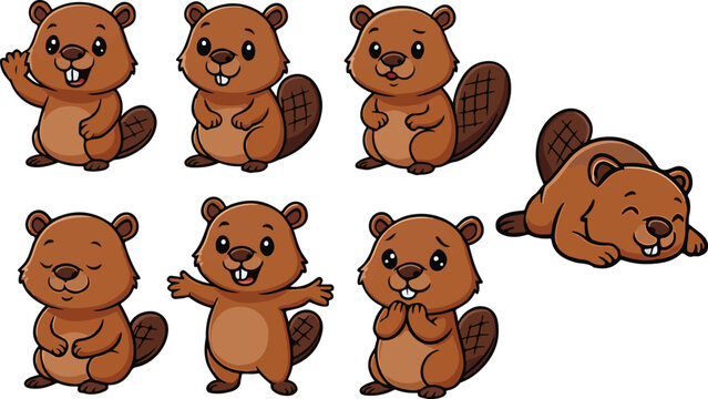 vector illustration of beaver otter cute simple funny cartoon mascot character cartoon with 7 poses 