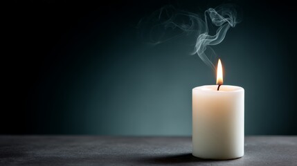 Solitary white candle with flickering flame and delicate smoke trails against dark muted background, conveying calmness, warmth, and peaceful ambiance