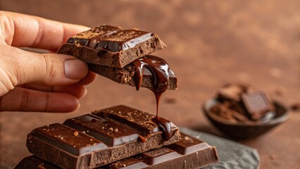 Hand holding melting chocolate pieces, rich texture, glossy surface detail, gooey melting edges, soft brown background