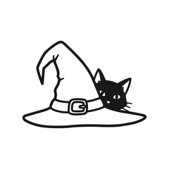 Black cat hiding inside witch hat with playful Halloween theme – Vector Illustration