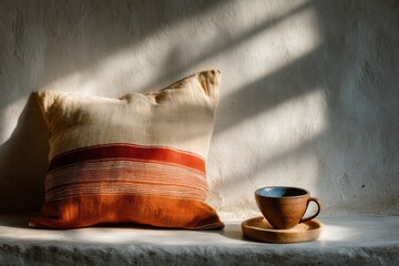 Cozy still life with rustic pillow and handmade ceramic cup in warm sunlight, ideal for slow living themes or autumn promotions