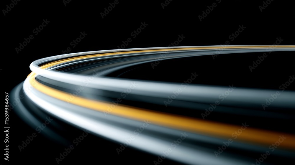 Poster futuristic neon light trails curving across a dark background with space for text, vibrant glowing l