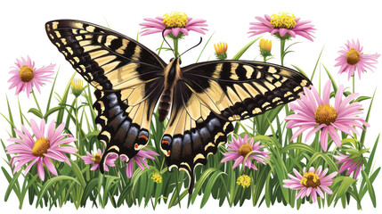 Beautiful butterfly perched on vibrant pink flowers in a lush green field with detailed natural elements, showcasing wildlife and flora in harmony.