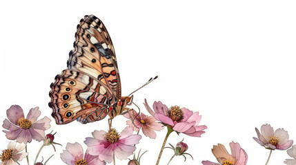 Butterfly Perched on Delicate Pink Flowers in a Lush Garden Setting