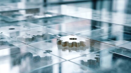 Sleek digital gears icon reflected on glass screen with motion blur effect portraying automation and continuous flow in a modern tech interface