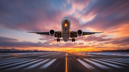 Naklejka premium Dramatic image of a passenger jet landing on a runway at sunset.