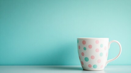 Obraz premium A white cup with pastel polka dots against a pale teal wall.