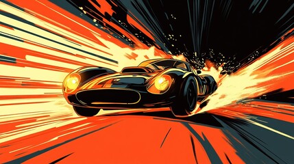 A stylized comic book panel with a racing car in motion, with dynamic speed lines
