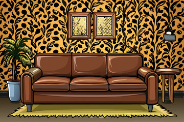 vector of Brown leather sofa with a leopard print wall behind it. The sofa is empty and the wall is covered with leopard print wallpaper that makes the room very warm...