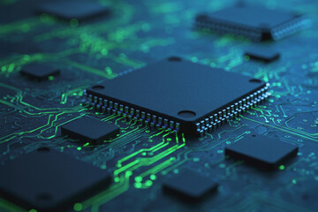 High-resolution close-up of a circuit board showcasing microchips and intricate connections in vibrant green light. Generative AI