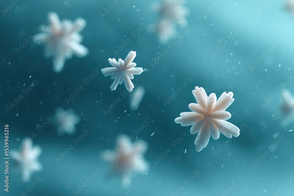 Poster abstract depiction of snowflake-like structures against a blue background, emphasizing texture and d