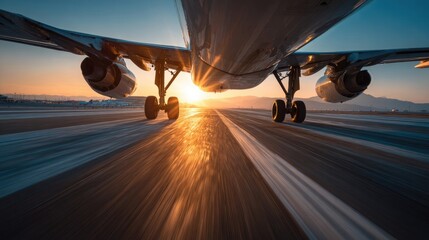 Dramatic image of a passenger jet landing on a runway at sunset.