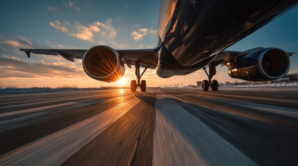 Dramatic image of a passenger jet landing on a runway at sunset.