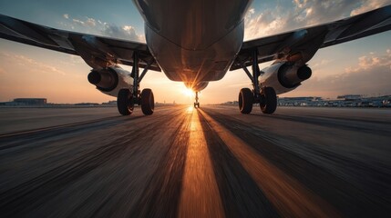 Dramatic image of a passenger jet landing on a runway at sunset.