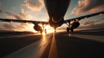 Dramatic image of a passenger jet landing on a runway at sunset.