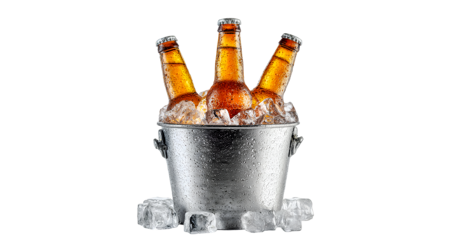 Three beer bottles in ice bucket refreshing cold drinks summer party,
