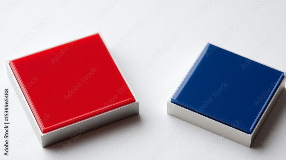 Poster Closeup of red and blue microprocessor chips on white surface with soft shadows and minimal copy space