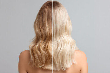Hair transformation showcasing the difference between brassy and toned blonde hair, highlighting the impact of hair treatments.