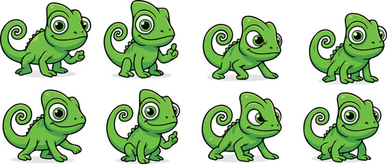 vector illustration of chameleon  vacillator lizzard reptile cute simple funny cartoon mascot character cartoon with 8 poses 01