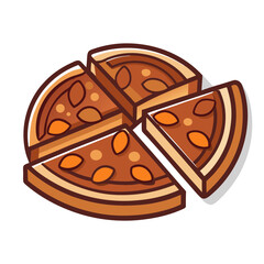Stylized pumpkin pie with four slices one slice removed from the pie