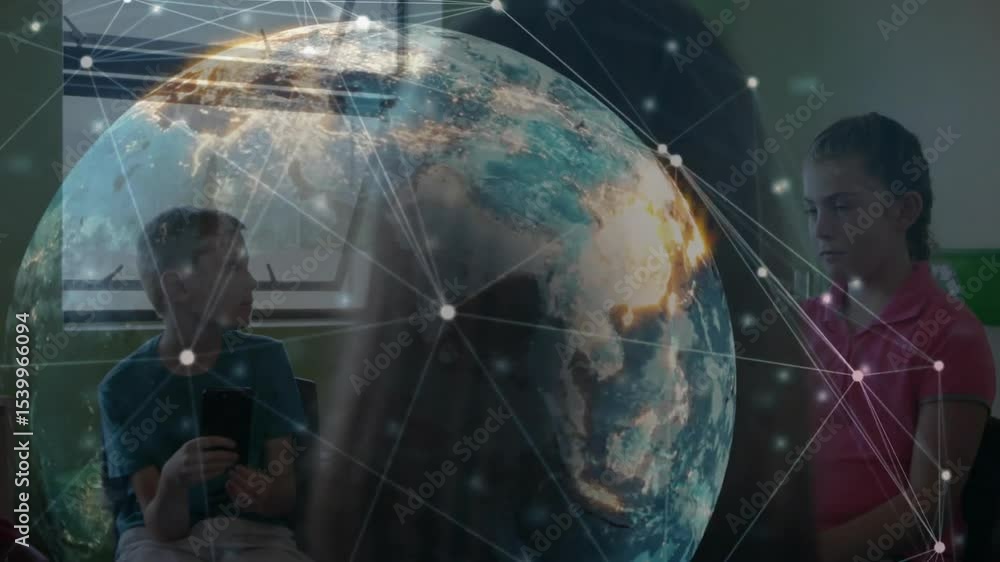 Aufkleber boy tapping phone and teacher using laptop launching rotating globe with network overlay for lesson