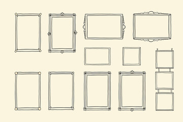 Set of vintage doodle hand-drawn frames. Minimalist line art. Trendy vintage whimsical borders for wedding invitations, birthday card, prints. Vector сoquette frame set