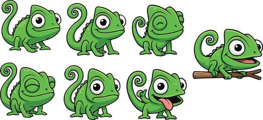 vector illustration of chameleon  vacillator lizzard reptile cute simple funny cartoon mascot character cartoon with 7 poses  © weng