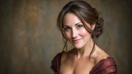 Fototapeta premium Elegant studio portrait of a young woman with soft makeup and radiant skin, closeup face shot with diffused lighting highlighting her gentle expression and textured background