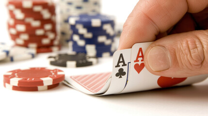 Close-Up of Player Hand Holding Two Aces with Poker Chips in Background During a Game of Cards in Casino Setting