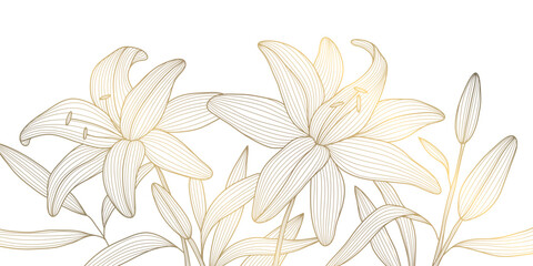 Vector golden line flowers, floral luxury art pattern. Abstract nature ornament garden leaf wallpaper, spring, wedding botanical graphic. Tropical Chinese, Japanese background.