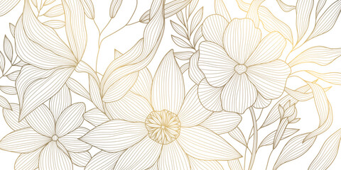 Vector golden line flowers, floral luxury art pattern. Abstract nature ornament garden leaf wallpaper, spring, wedding botanical graphic. Tropical Chinese, Japanese background