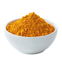 Turmeric powder in bowl on transparent background.