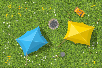 View from above. Vector illustration of a tourist clearing with tents, backpacks, campfire, shovel, green grass with flowers. Top view. Aerial. Active leisure. Camping. Ecotourism.