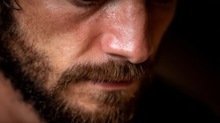 Fototapeta premium Closeup of a man's face showing pain with a reddened cheek and clenched jaw, studio lighting highlighting skin texture and intense emotion, copy space on the right