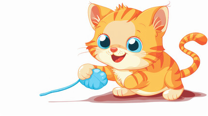 Obraz premium Orange Kitten Playing with Blue Yarn Ball in a Light Background, Adorable Pet Cartoon for Children's Illustration and Design