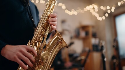 Obraz premium Closeup of a female saxophonist's hands playing the brass instrument amidst festive string lights in a cozy, warmly lit setting with copy space on the right