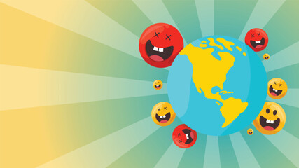 World surrounded by multiple expressive emoji faces in orbit formation