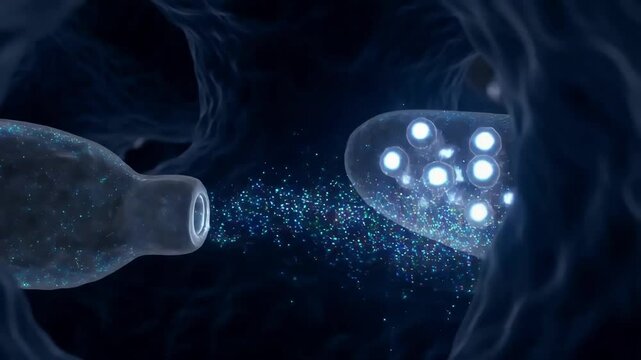 Inside a neural synapse, vesicles burst open, releasing glowing neurotransmitters. They float across the synaptic gap, lighting up receptors on the next neuron.